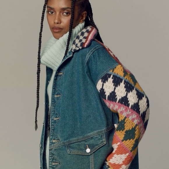 Anthropologie Pilcro Crochet Denim sweater Jacket with Patterned Sleeves XS - Picture 4 of 12